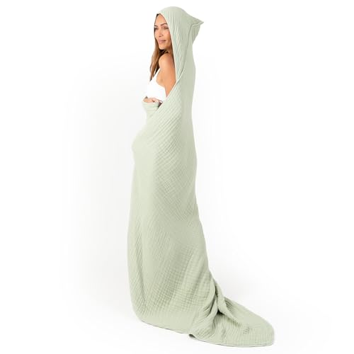 Comfy Cubs Adult Hooded Towel - Large 58 x 58, Soft, Absorbent, and Stylish Dual-Function Muslin Towel Hoodie for Bath, Relaxation, and Everyday Use - Sage