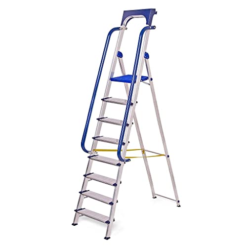 Hoström Escabeau Secure 8 marches Robuste en Aluminium renforcé, avec rampes de sécurité et Tablette Porte-Outils Amovible, Hauteur de Plateforme 182cm, Charge maximale 150kg Cover