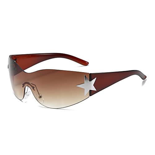 Y2K Sunglasses for Women Men, 2000s Fashion Shield Wrap Around Y2K Glasses Rimless Oversized One Piece Lenses