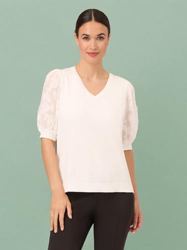 Image of Adrianna Papell Women's 3 /4 Floral Burnout Sleeve V-Neck Sweater
