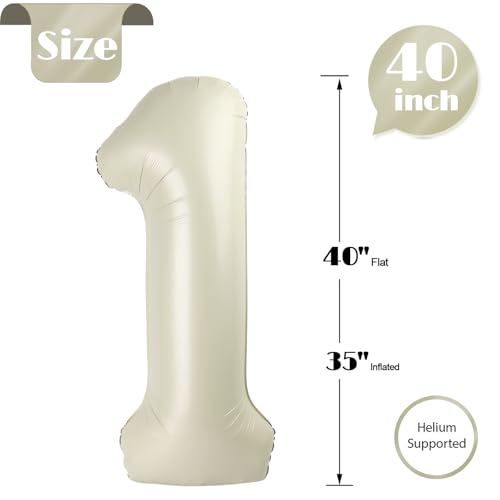 Image of 40 Inch Cream 1 Balloon for First Birthday, 1st Number Balloons Cream Birthday Decorations, One Giant Number 1 Balloon