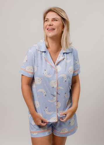 Pijama Algodão Feminino Curto Americano Manga Curta com Botão Botões Verão Adulto indicado Gestante