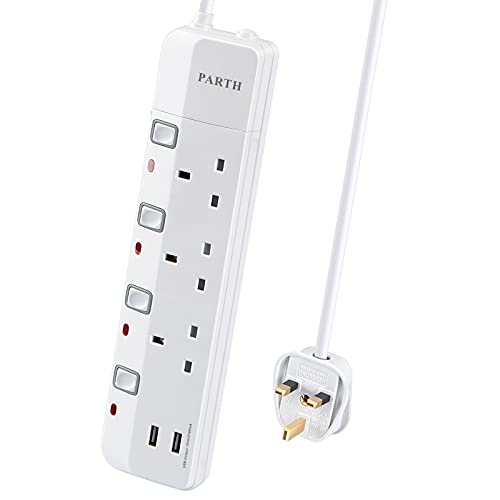 PARTH 2M Extension Lead with USB Slots 3 Way, 2 Metre Long Extension Cable 3 Gang 13A Multi Plug Extension Socket with Individual Switches, Wall Mount Heavy Duty Extension Cord for School Home Office