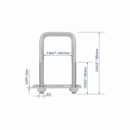 Image of 4 Sets 304 Stainless Steel Square U-Bolts 2-3 /8 inch(60mm) Inner Width, 4 inch(100mm) Length Stainless M8 with Nuts, Frame Plate, Accessories for Automobiles Trailer, Boat Trailer Industrial Parts