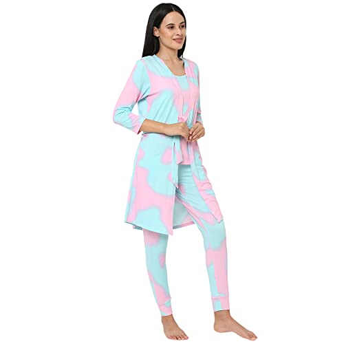 Image of Sweet Dreams Women Tie & Dye Lapel Collar 3 /4th Sleeve Poly Brush Robe, Slip & Pyjamas