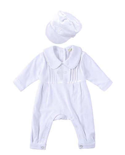 Bow Dream Baby Boy Christening Baptism Outfit Infant Romper Set with Hat Long Sleeve White 3-6 Months