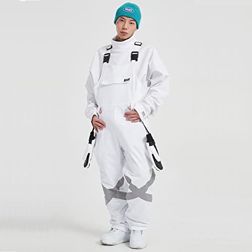 Reflektierende Hosenträger Skihosenanzug, Wasserdicht 15K Beständig Skijacke Latzhose Wasserdichte Skijacken Hosen Snowboarden Warmer Winddichter Outdoor-Skianzug,Weiß,M Cover