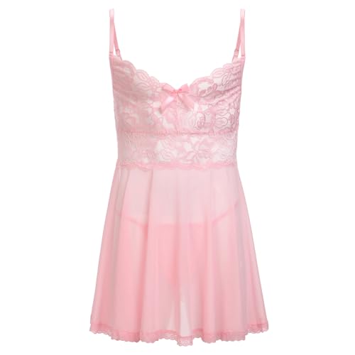 ABAFIP Mens Sissy Lingerie Crossdressing Nightwear Sheer Lace Mesh Nightdress Ruffle V-Neck Nightgown Light Pink Medium
