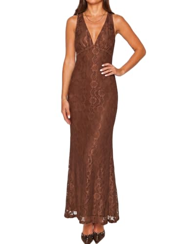 Image of Elegant Lace Floral V Neck Backless Bodycon Dresses for Women Sexy Cut Out Low Back Sleeveless Maxi Dress Wedding Guest