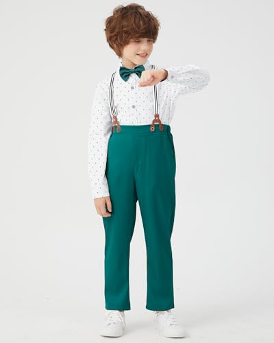 Image of DISAUR Boys Dress Clothes Wedding Ring Bearer Outfit Boy Formal Suits Dress Shirt with Bow Tie +Suspender Pants Set