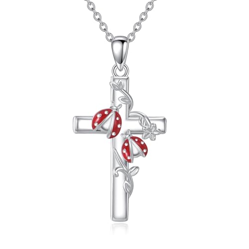 Image of RMREWY Cross Bee /ladybug /Butterfly /Dragonfly /Red Cardinal Necklace for Women 925 Sterling Silver Cross Pendant Necklace Animal Lovers Jewelry Christmas Gifts for Women Mother Grandma