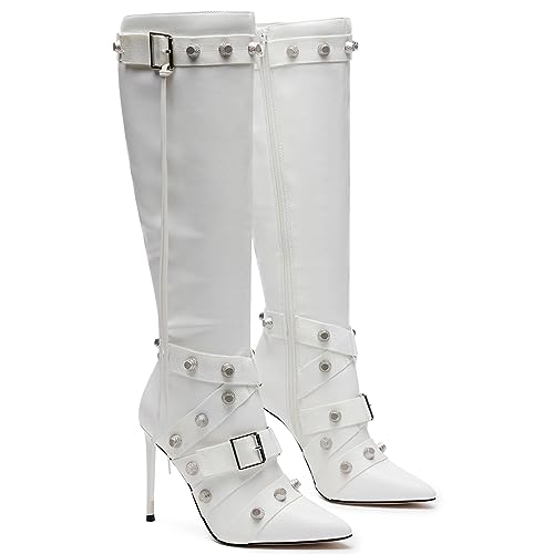 VOMIRA Stiletto Boots for Women Knee High Boots Pointy Toe High Heels Side Zipper Bucke Revets Tassel Boots Sexy Ladies Dressy Party Boots