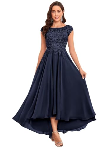 BONOYUER Tea Length Mother of The Bride Dresses for Women Chiffon High Low Formal Wedding Guest Dress with Pockets