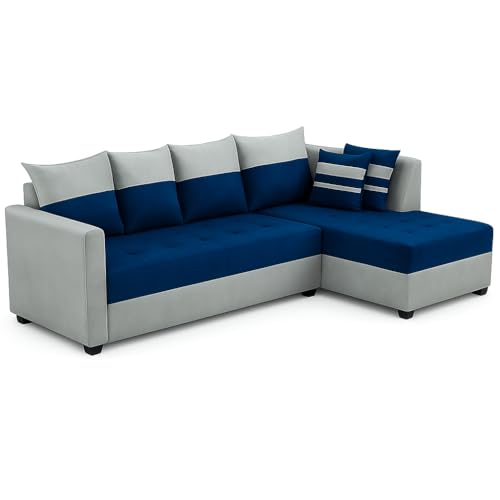 Image of FURNY Stylecon 6 Seater Fabric RHS L Shape Sofa Set (Blue-Light Grey) | Premium Velvet Finish | Durable Comfort | Ideal for Living Room