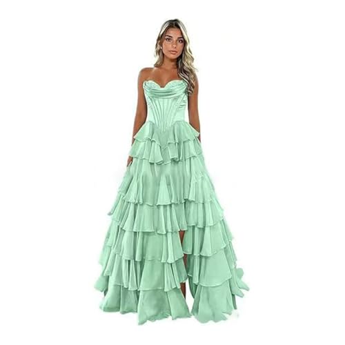 Damenkleider Blumen Ballkleid für Teenager gestuft trägerlos Lange Rüschen Schatz formelle Abendkleider mit Schlitz ﻿,Light Green,US4
