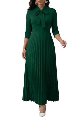 Image of FANDEE Maxi Dress for Women Formal 3 /4 Sleeve Pleated Empire Long Dress Semi Formal Tie Neck Office Work Dresses