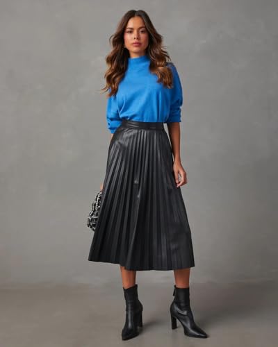 THLAI Womens Pleated Skirt Black Midi Skirt Elastic Waist A-Line Skirt Pleated Flowy Long Skirts Fall Skirt2