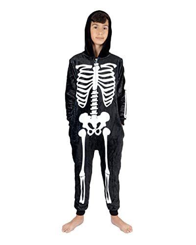 NOROZE Unisex Kids Skeleton Shark Onesie Boys Pyjamas Halloween Loungewear Supersoft Fleece Jumpsuit Playsuit (9-10 Years, Skeleton Black)