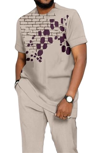 TIFIYA Men's African Dashiki 2 Piece Clothing Suits Short Sleeve Dressy Pants Set Leisure Suits S-5XL