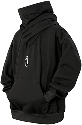 Eocicvvi Fleece Hoodies for Men Cowl Neck Sweatshirts Casual Pullover Fall Winter Loose Fit Tops with Embroidery Black