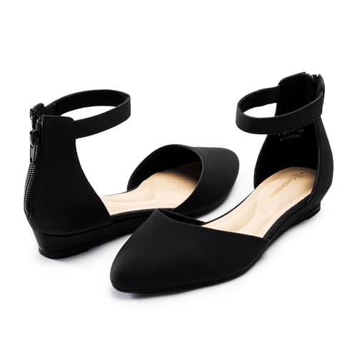 Women Flat Shoes with Ankle Strap, Low Wedge Heel Flats for Women, Comfortable Pointed Toe Dress Shoes for Work Business Wedding - Main Image