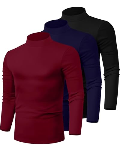 Riyiper 3 Pack Men's Mock Neck Shirts, Long Sleeve Slim Fit Turtleneck Tops Lightweight Basic Pullover Casual Knit Sweaters