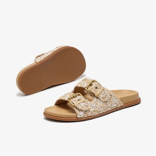 Women's Straw Metal Buckle Slippers - Bohemian Plant Pattern Beach Flats2