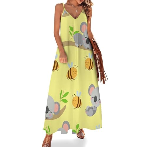 Robe maxi pour voyages sans manches évitant la chaleur avec motif ratons laveurs abeille
