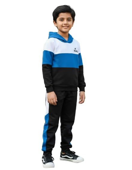 Boys Tracksuit Set, Hooded Sweatshirt and Jogger Pants, Blue White Black Colorblock, Casual Sportswear-image-26