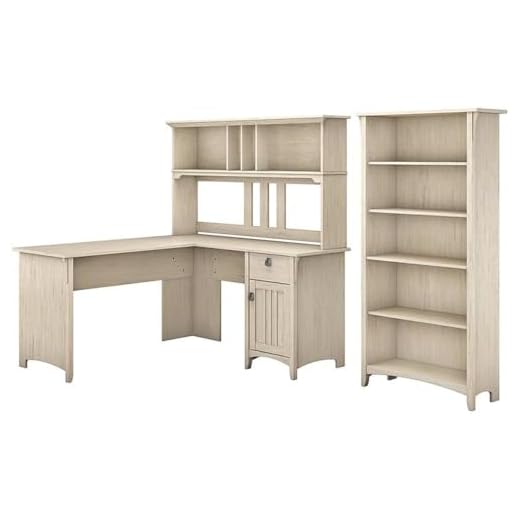 Bush Furniture Salinas L Shaped Desk with Hutch and 5 Shelf Bookcase, 60W, Antique White