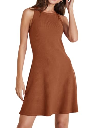 Image of Wenrine Womens Summer Casual Tank Dress Ribbed Knit Sleeveless Crewneck A Line Mini Dresses