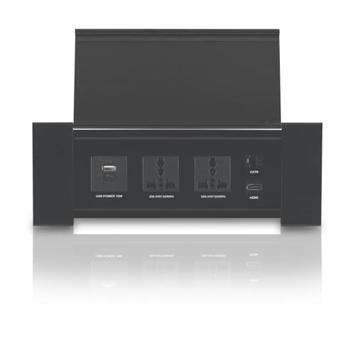 Image of MX Premium Power Console 16A | 6 Universal Sockets + 2 USB Ports | Removable Desk Clamp | Master Switch | Desktop Socket with 3AC + USB-A /C + HDMI + LAN (Black)