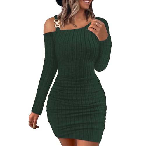 Damen Strickkleid mit Einschultrig Neckholder Wrapped Einfarbige Lässige Pulloverkleid Slim Langarm Herbst Winter Kurzekleid (Grün,L)
