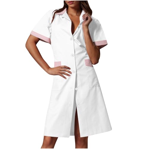 2025 Trendy Button Nurse Dress for Women Short Sleeves Color-Block Scrub Uniforms for Housekeeping Working Uniform