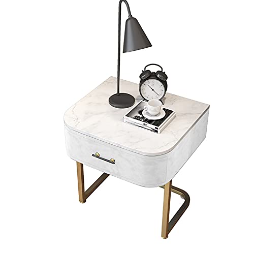 Mesita de noche de madera con cajón individual y encimera de mármol, mesa auxiliar alta con patas de metal y gabinete de almacenamiento con acabado de franela para dormitorio o sala de estar, mesita