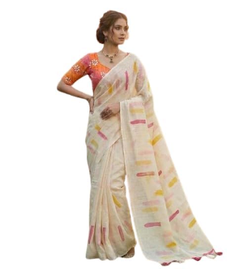 Image of Women's Linen Cotton Blend Saree Multicolor Ikat Brush Print Scalloped Border with Floral Print Unstitched Blouse Piece