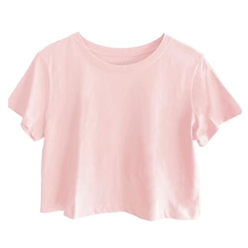 Image of Womens 100% Cotton Crop Tops Short Sleeve Crewneck Loose Fit Basic Tee Summer Casual Workout T-Shirt Fashion Clothes