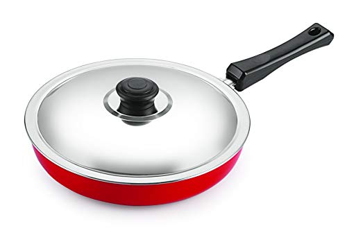 Image of Nirlon Aluminium Kitchen Cooking Non- Stick Fry pan, with Bakalite Handle Red Non-Stick Fry Pan 26 Diameter Ligh Weight Durable Fry Pan with Steel LID(Gas Stove Compatible Only)(26 mm Classic FP126)