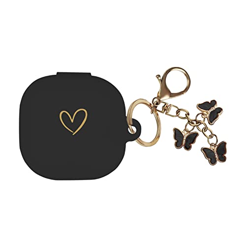 AIIEKZ Compatible with Samsung Galaxy Buds FE/Buds 2 / Buds Pro/Buds Live/Buds 2 Pro Soft Silicone Case with Gold Heart Pattern with Cute Butterfly Keychain for Girls Women (Black)