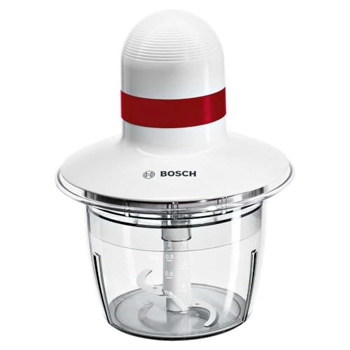 Bosch Tritatutto MMRP1000, 400W, Lame Acciaio Inox, Ciotola 800 ml Lavabile in Lavastoviglie, Contenitore Adatto al Microonde, Semplice da Usare, Bianco, Rosso