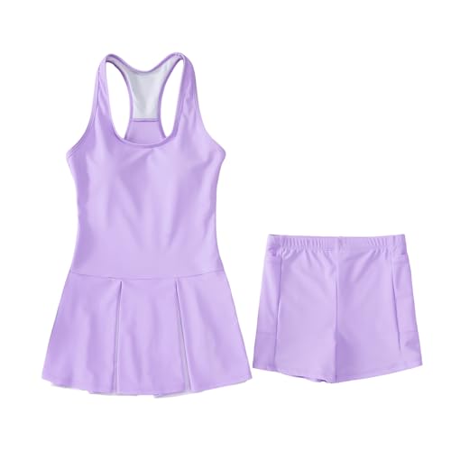 Image of IZYJOY Kids Girls Tennis Golf Dress Outfit Sleeveless Racerback Dresses with Shorts Pockets Sport Athletic 2 Piece Sets