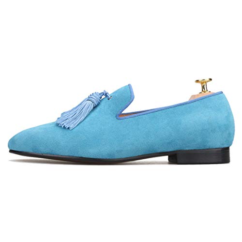 FERUCCI Men Light Blue Suede Slippers Loafers Flat with Big Blue Tassel4