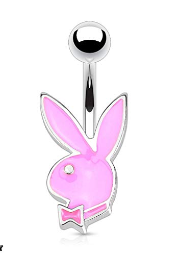 Forbidden Body Jewelry 16g 8mm Surgical Steel Epoxy Glossed Petite Playboy Bunny Belly Ring (Pink)