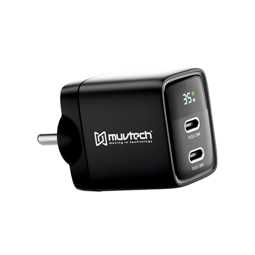 Muvtech 35W Dual-Port C Type Adapter Charger GaN Technology PD Wall Fast Charging Adapter Compatible with All iPhone, MacBook, Samsung, OnePlus & Other Android Mobile Devices Charger (Black)