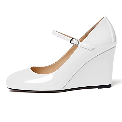 Soireelady Women Mary Jane Wedges Round Toe High Heel Pumps Adjustable Buckle Wedge Heels Pantent Leather Classic High Heels Elegant Dress Shoes for Party, Wedding, and Evening 3.15Inch2