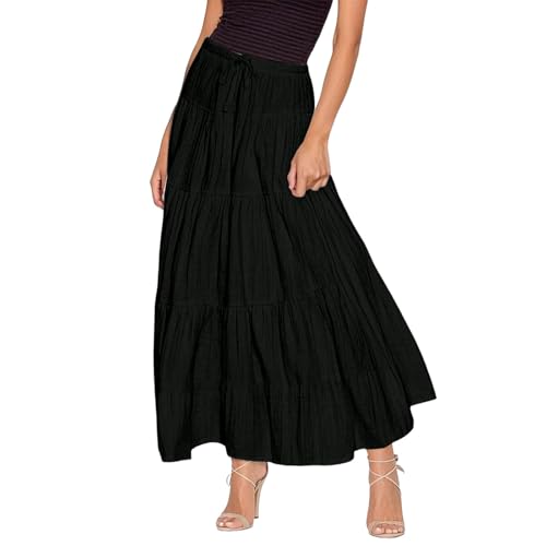 Skirts for Women Boho Tiered Pleated Maxi Skirts High Waist Drawstring Flowy Swing Skirt Solid Color Beach Vacation Clothes3