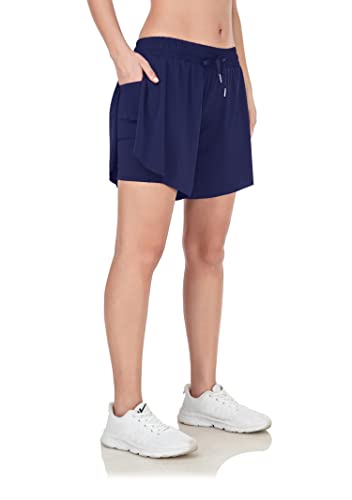 Girls 2 In 1 Athletic Shorts With Pockets Drawstring Elastic Waist Butterfly Flowy Workout Fitness Running Sports Skirts Navy M #TOP26