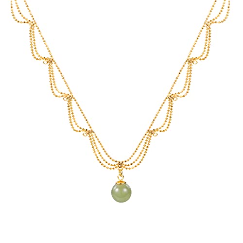 Dainty 14K Gold Plated Hetian Jade Choker Necklace Multi Layer Round Pendant Women 16 Inches Adjustable Jewelry Good Fortune Gift For Her #TOP15