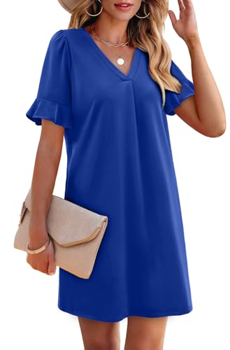 Image of OFEEFAN Summer Dresses for Women Ruffle Short Sleeve V Neck Casual Shift Dress with Pockets