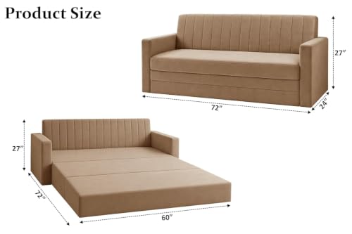 Image of Modern Velvet Three Seater Sofa Cum Bed with Armrest, Convertible Sleeper Couch Sofa for Living Room, Bedroom & Office - Golden